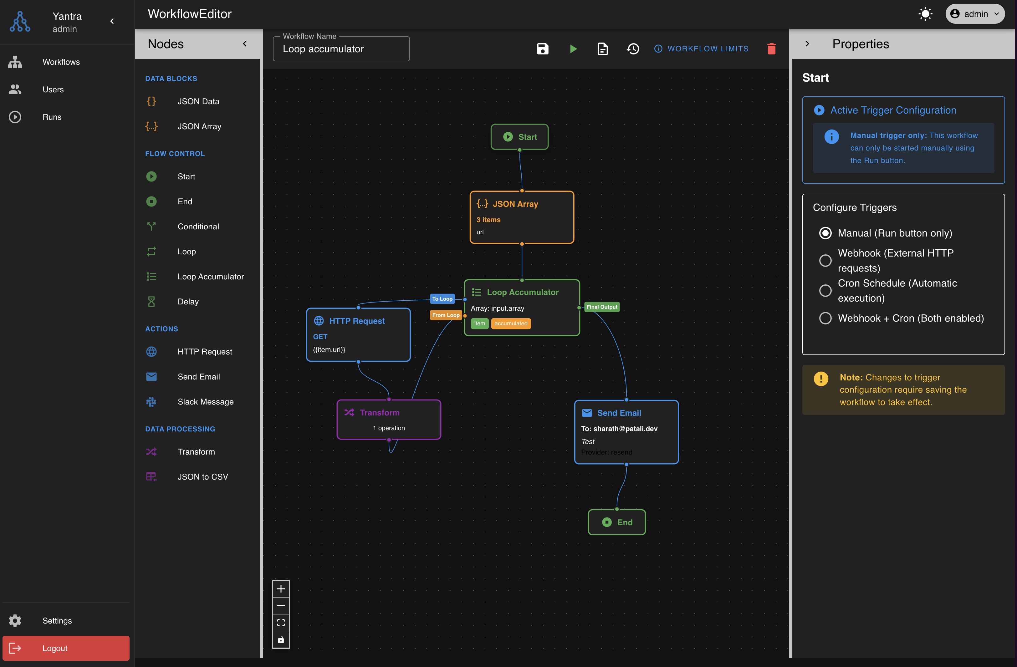 An work in progress screenshot of Yantra workflow system
