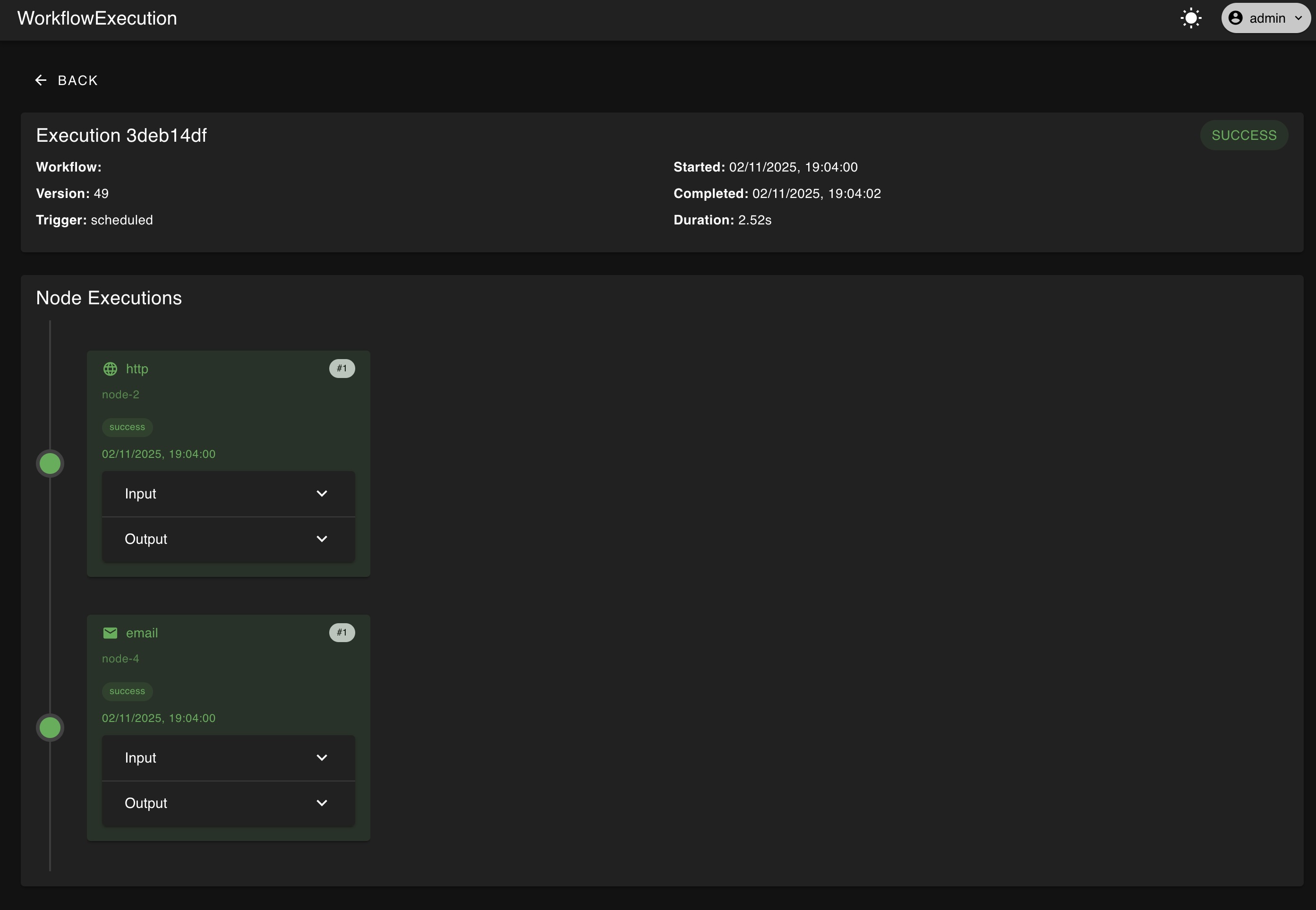 A screenshot of a page showing the node run and order